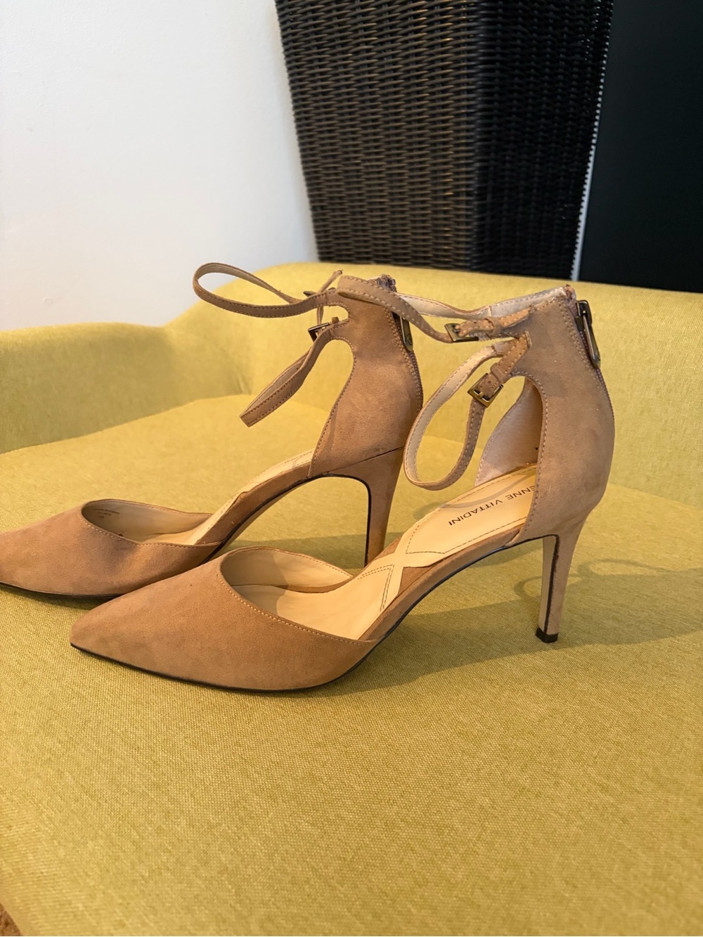 Adrienne Vittadini Tan Suede Pointed-Toe Ankle-Tie Heels